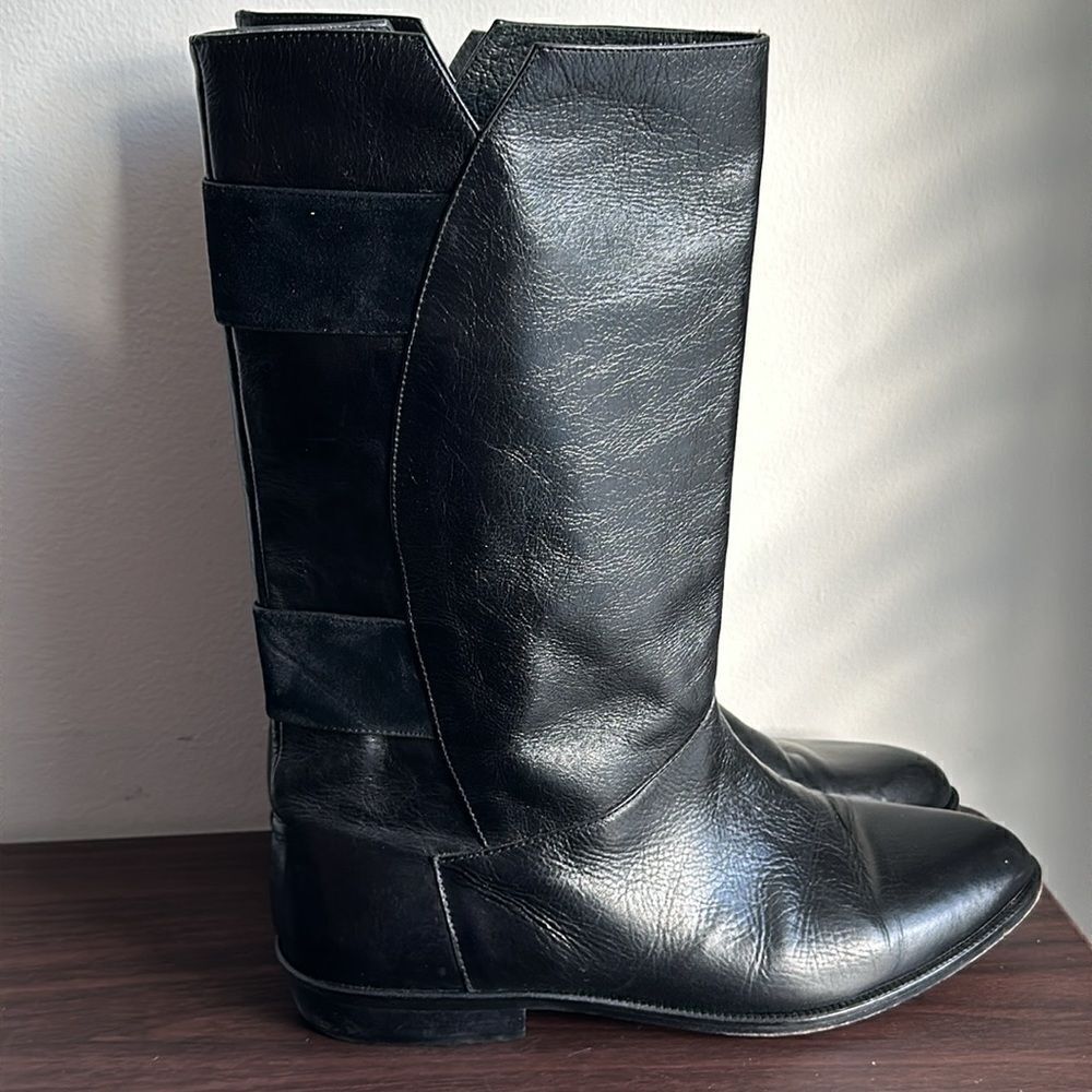 Emilio Franco Black Leather Mid Calf Pull On Boots Sz 8.5